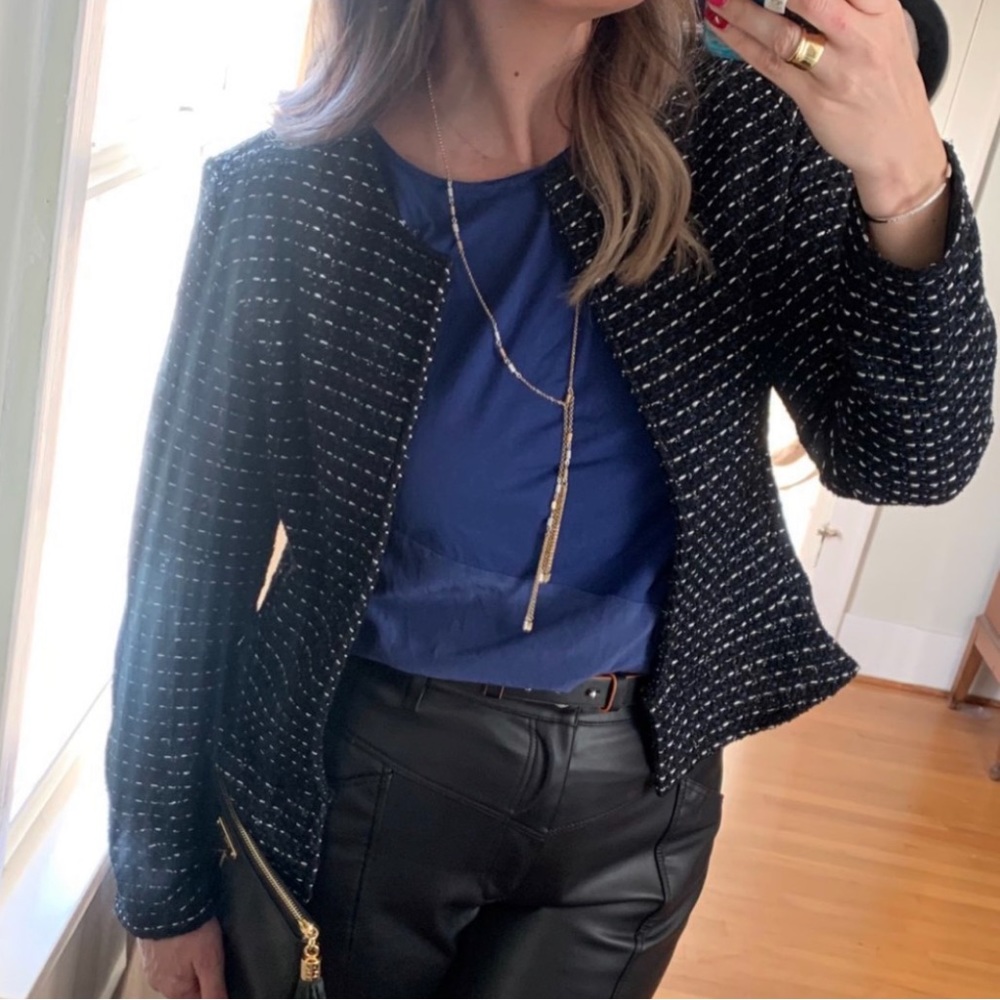 🕶️Anthropologie Dolan black blue tweed lurex peplum jacket L - Picture 4 of 10